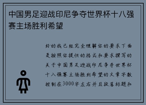 中国男足迎战印尼争夺世界杯十八强赛主场胜利希望